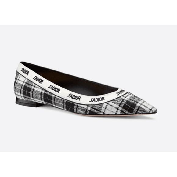 Dior J'Adior Tartan Plaid Slip On Pointed Toe Ballet Flat Black/White Women's 39 - Picture 1 of 15